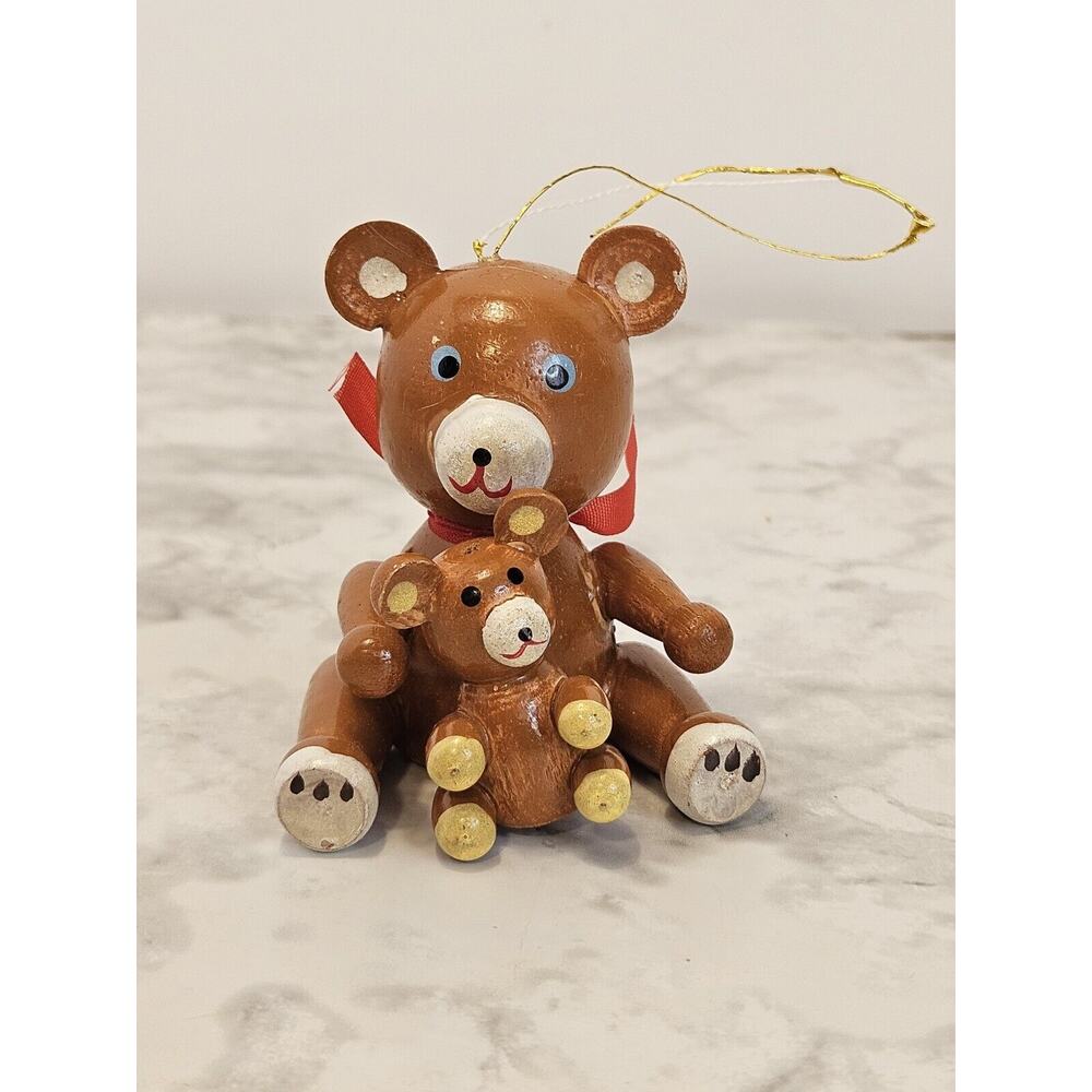 Vintage Russ Wooden Christmas Ornament Brown Teddy Bear Holding Baby Cub